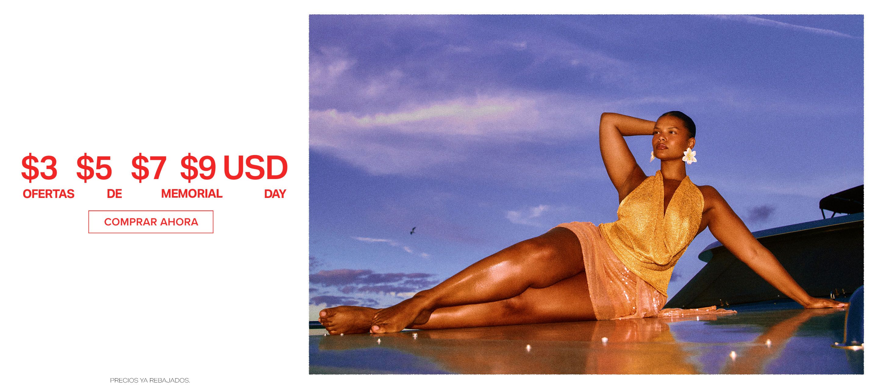 Modelo con top dorado y falda de lentejuelas melocotón con cola, promocionando ofertas de moda del Día de los Caídos.