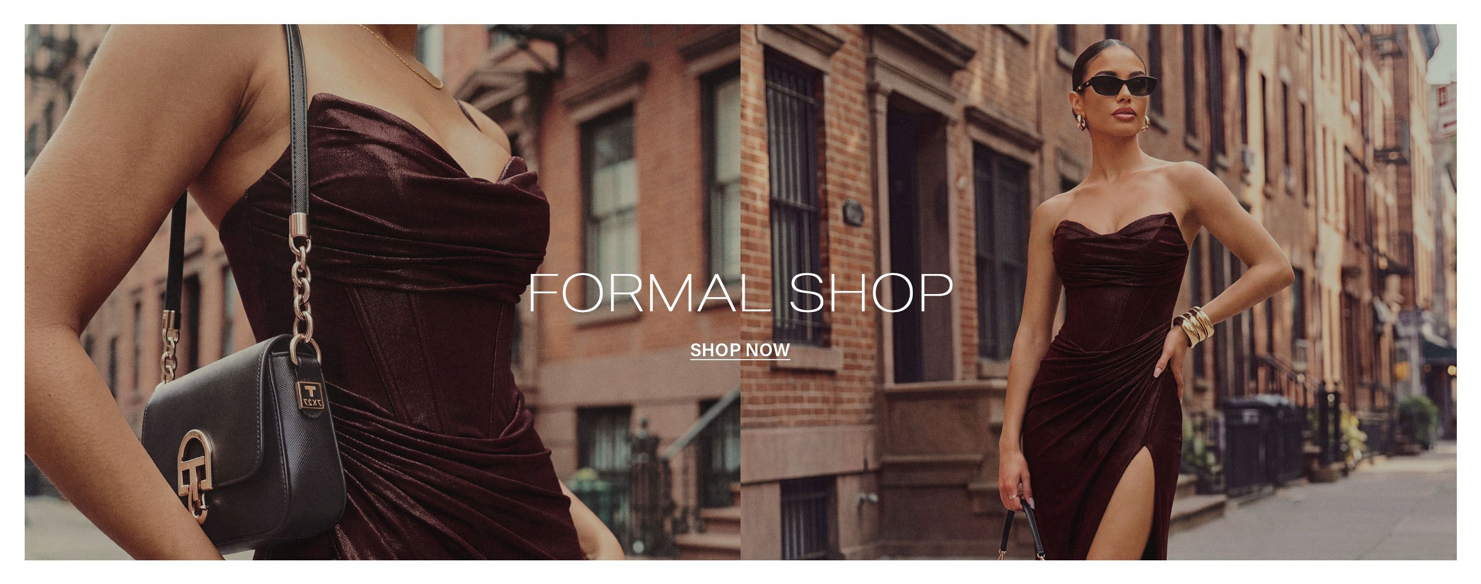Chic woman in a strapless burgundy formal dress with a high slit poses on a city street. Overlay text reads: Formal Shop, Shop Now.