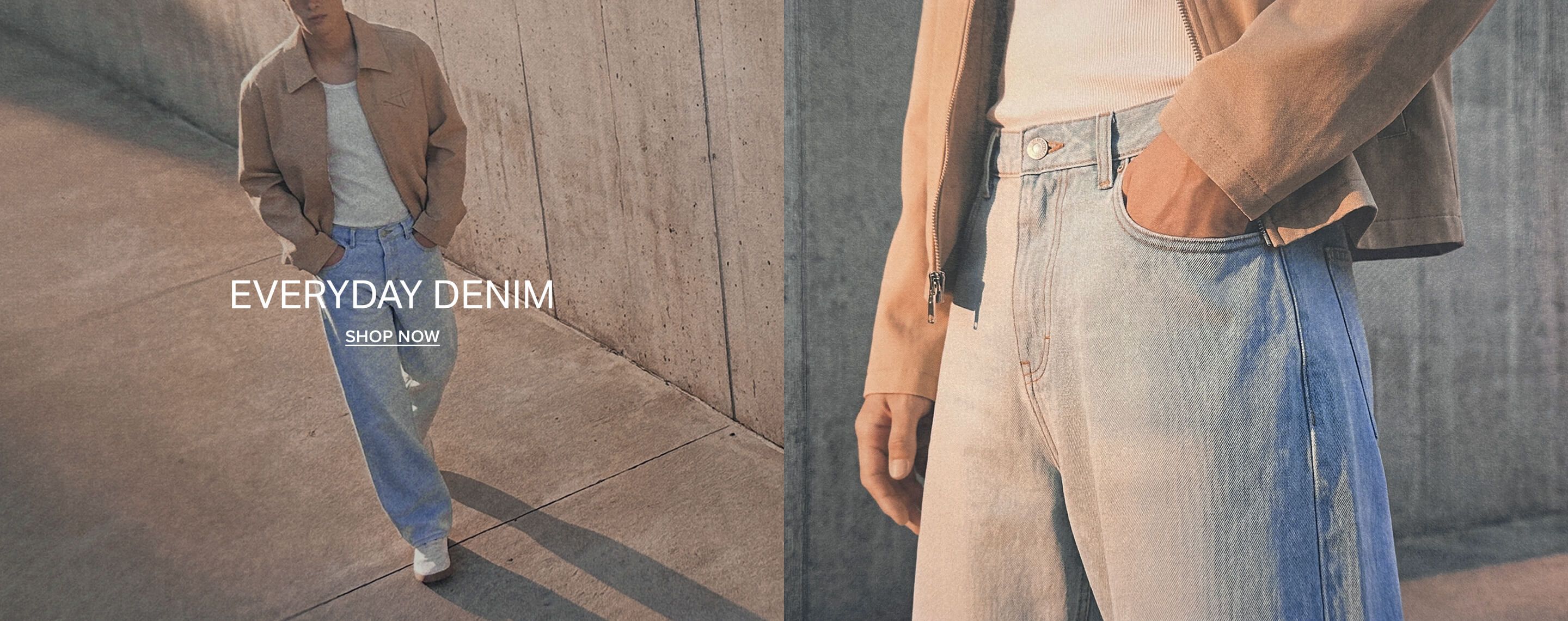 High-waisted light blue jeans paired with a tan suede jacket promoting the Everyday Denim collection with a Shop Now call to action.