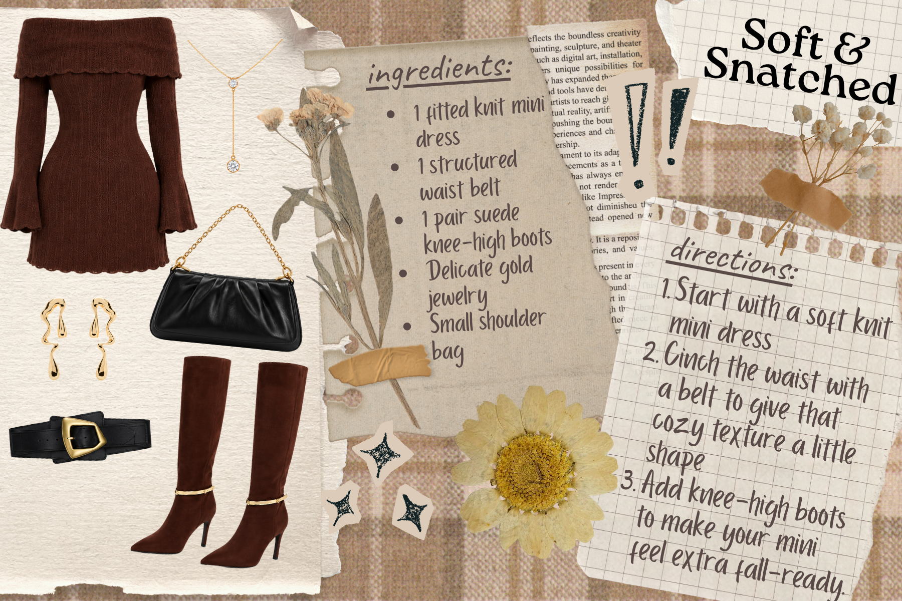 Fall fashion outfit collage featuring a brown knit mini dress, suede knee-high boots, black belt, black shoulder bag, and gold jewelry.