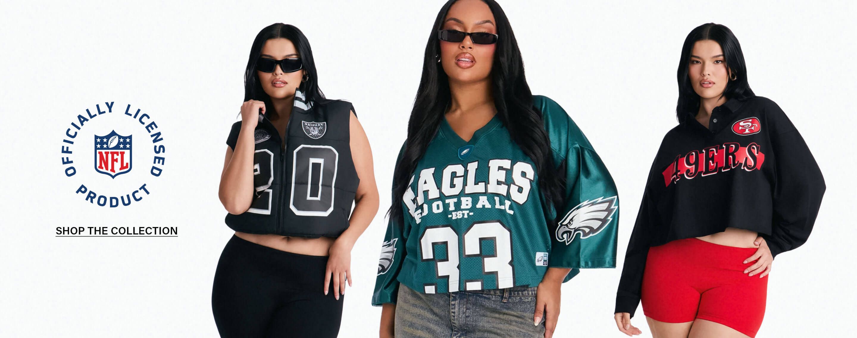 Model wearing a green Philadelphia Eagles jersey with sunglasses, promoting the officially licensed women's NFL fan gear collection.