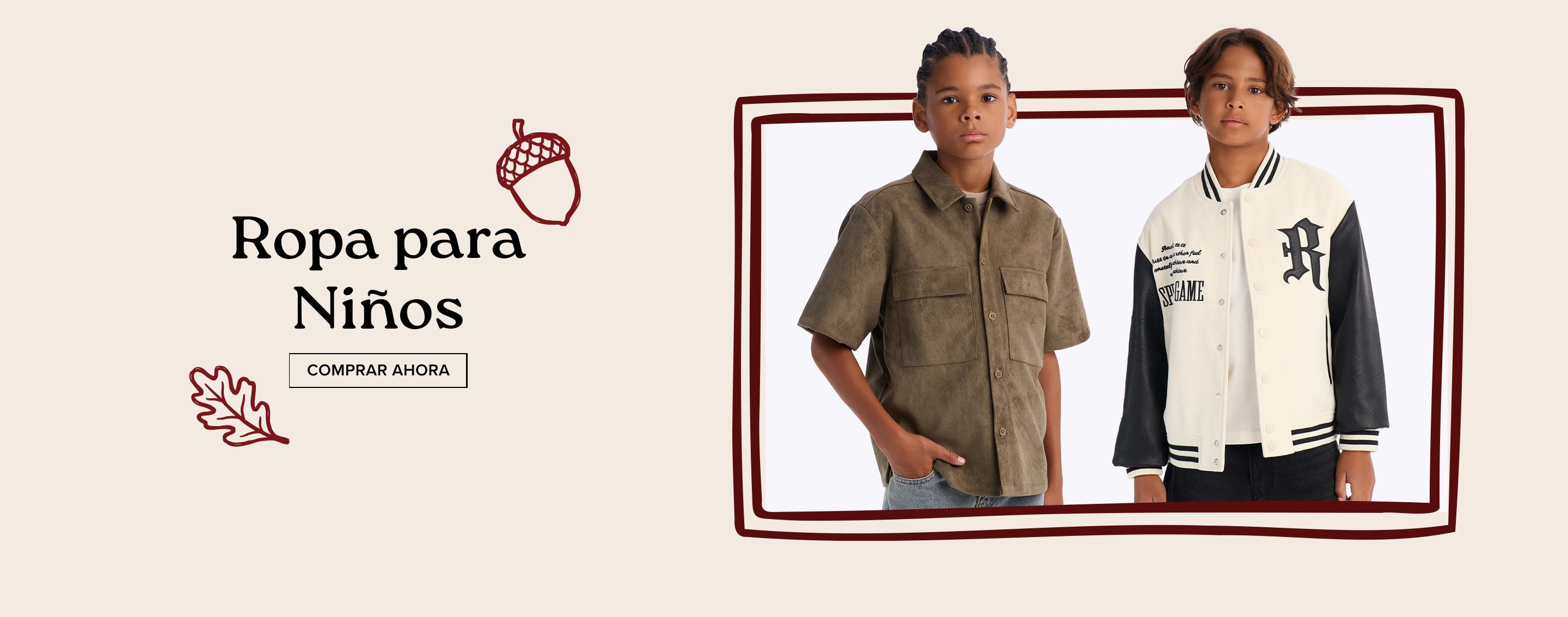Dos niños modelan una camisa caqui y una chaqueta universitaria en un banner otoñal que promociona la colección de ropa para niños.