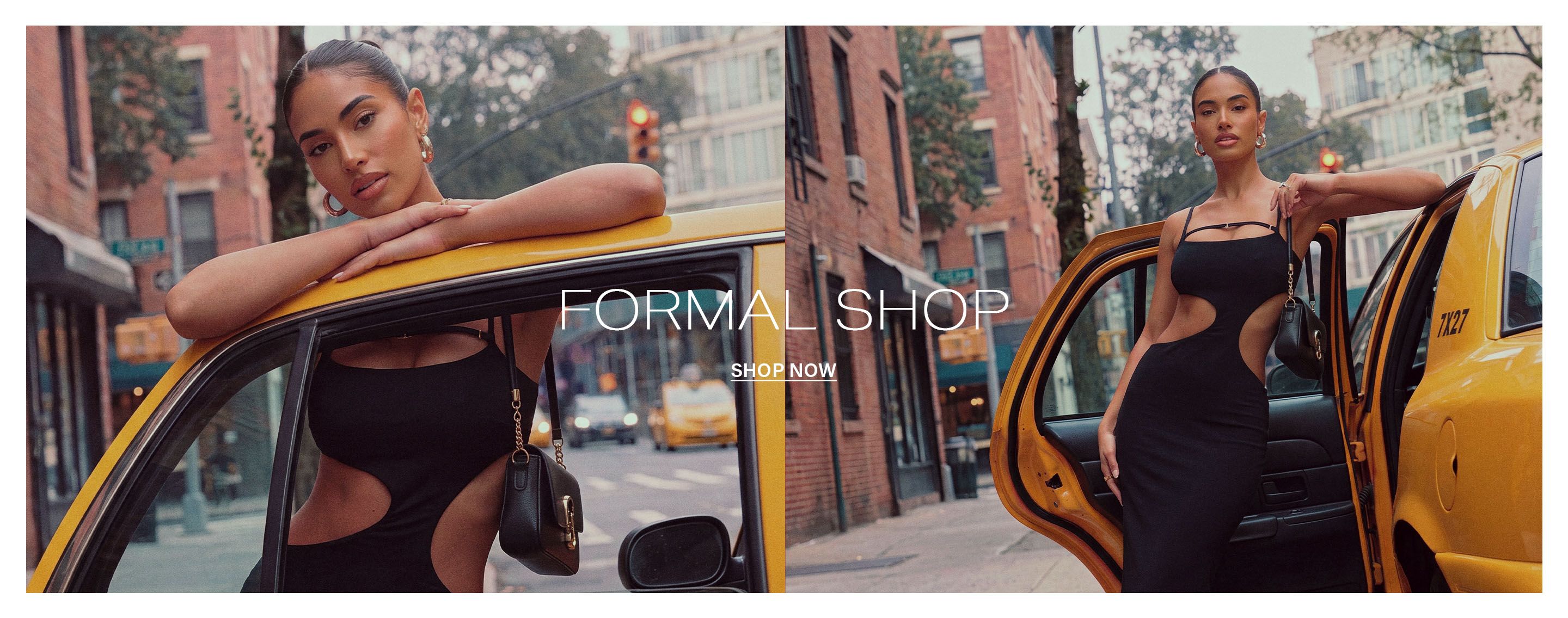 Model in a chic black cutout formal dress with heels, leaning on a yellow taxi in a city street. Shop our new formal collection.