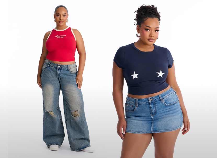 Dos modelos en denim de verano: top rojo "American Honey", jeans desgastados; top marino de estrellas, minifalda. Descubre la colección.