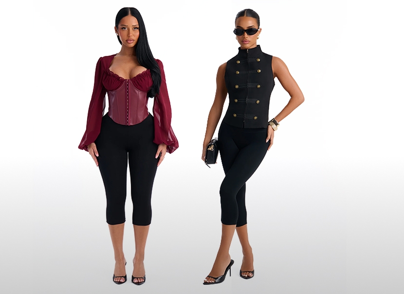 Two stylish women's outfits showcasing trendy black capri leggings styled with a burgundy corset blouse and a sleeveless black military vest.