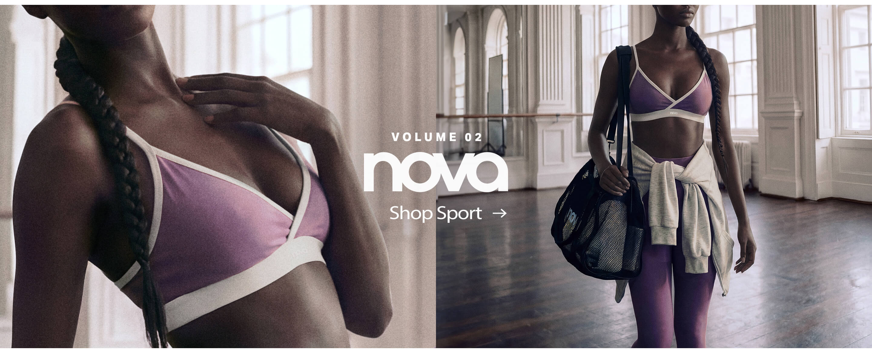 Nova Volume 02: Person in purple sports bra, matching leggings, carrying a black gym bag and grey hoodie. Shop new sportswear.