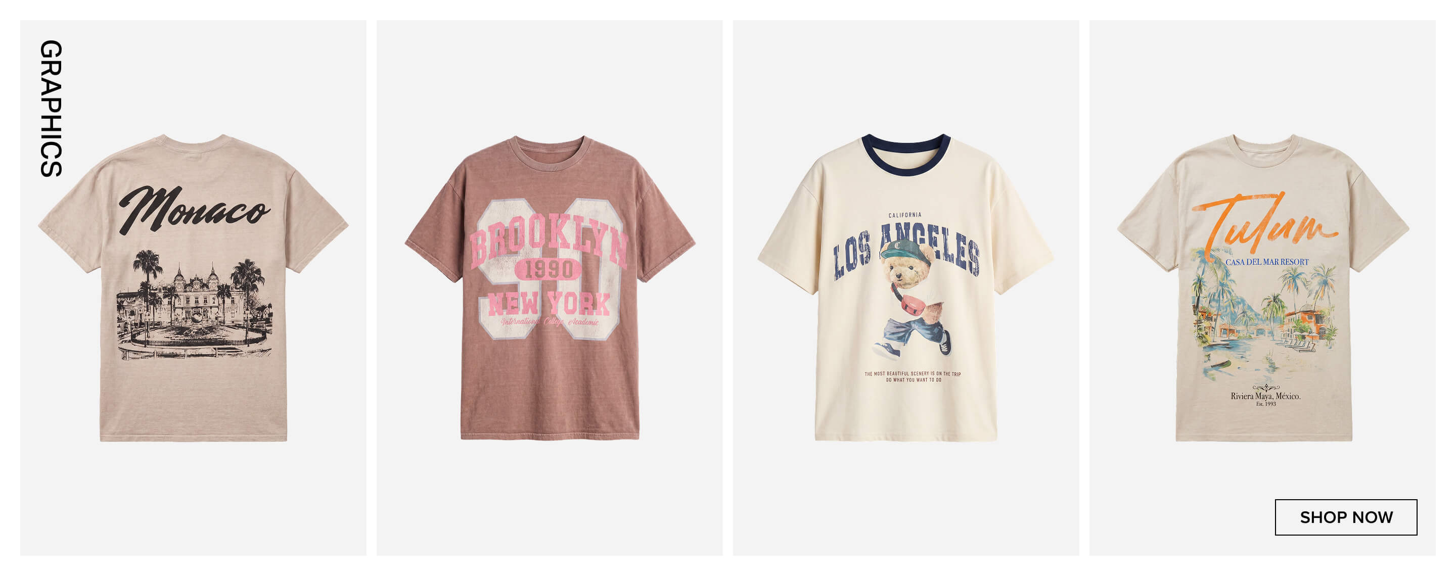 Collection of four neutral-toned graphic tees: Monaco, Brooklyn, LA bear, and a colorful Tulum beach resort. Shop destination travel shirts.