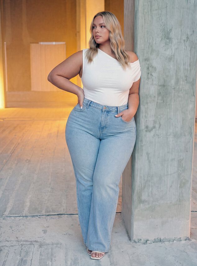 Modelo de talla grande rubia con vaqueros de tiro alto y top blanco asimétrico, mostrando la moda casual y juvenil de tendencia denim.