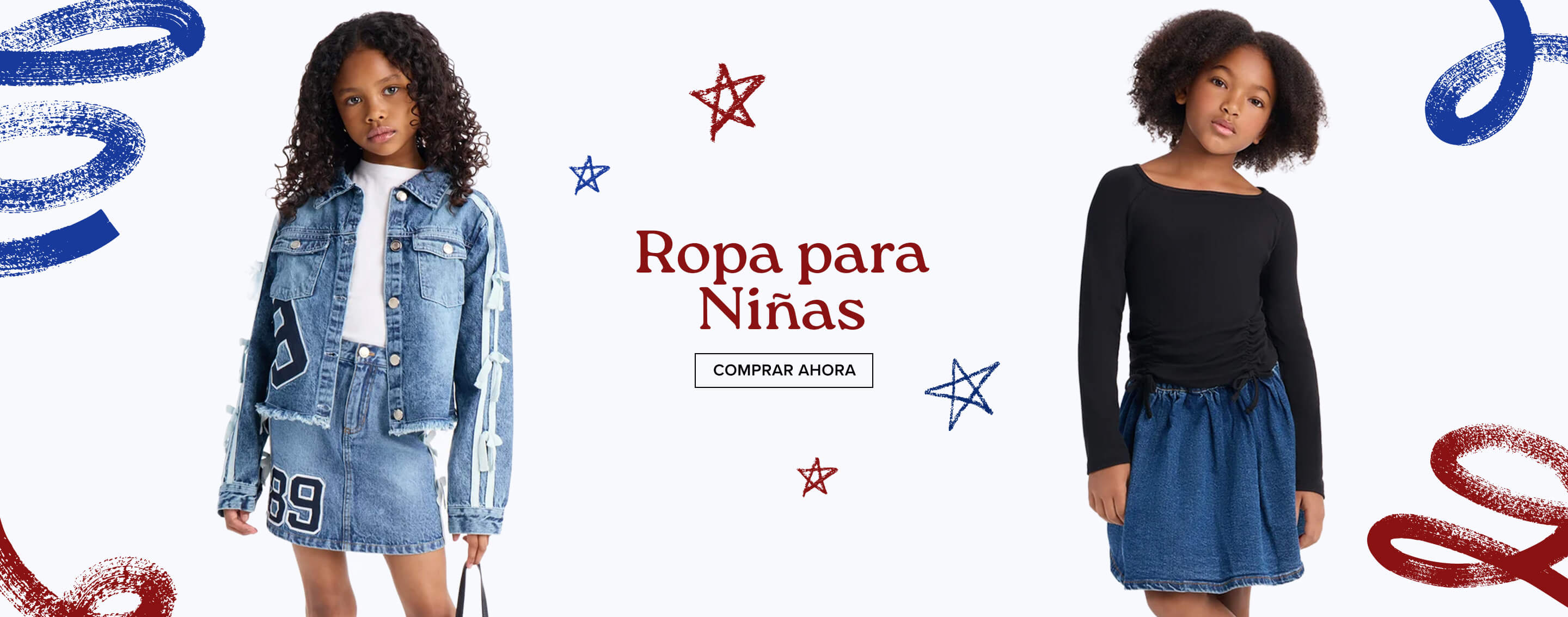 Niña sonriente usando un conjunto de chaqueta y falda de mezclilla bajo el anuncio de Ropa de Niña y el botón de Comprar Ahora.