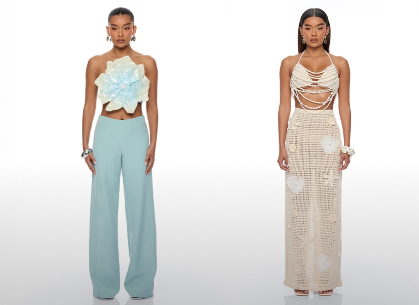 Modelos exhiben moda resort: top floral de lentejuelas, pantalón azul ancho, top de perlas y falda maxi de croché. Nueva colección.