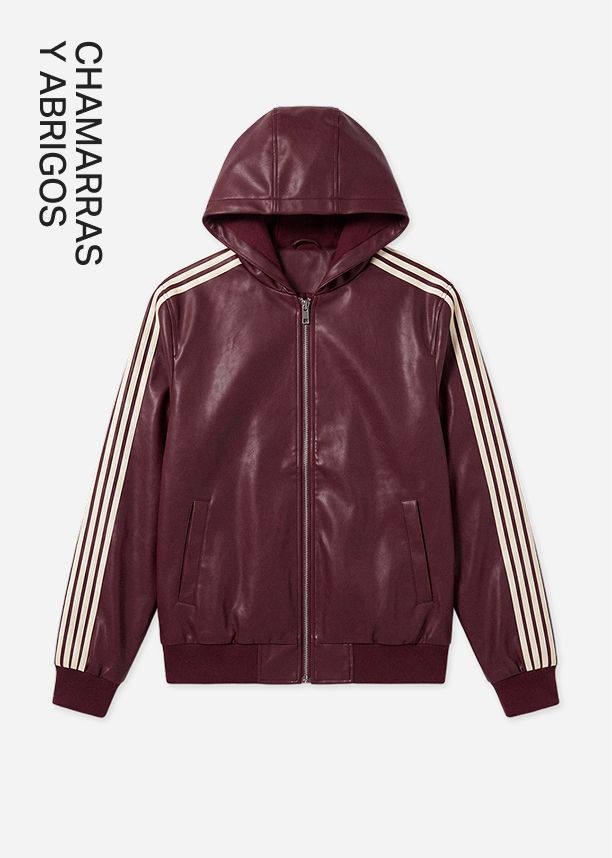 Chaqueta con capucha de cuero sintético burdeos y rayas crema, que ilustra el menú de navegación para la categoría de chaquetas y abrigos.