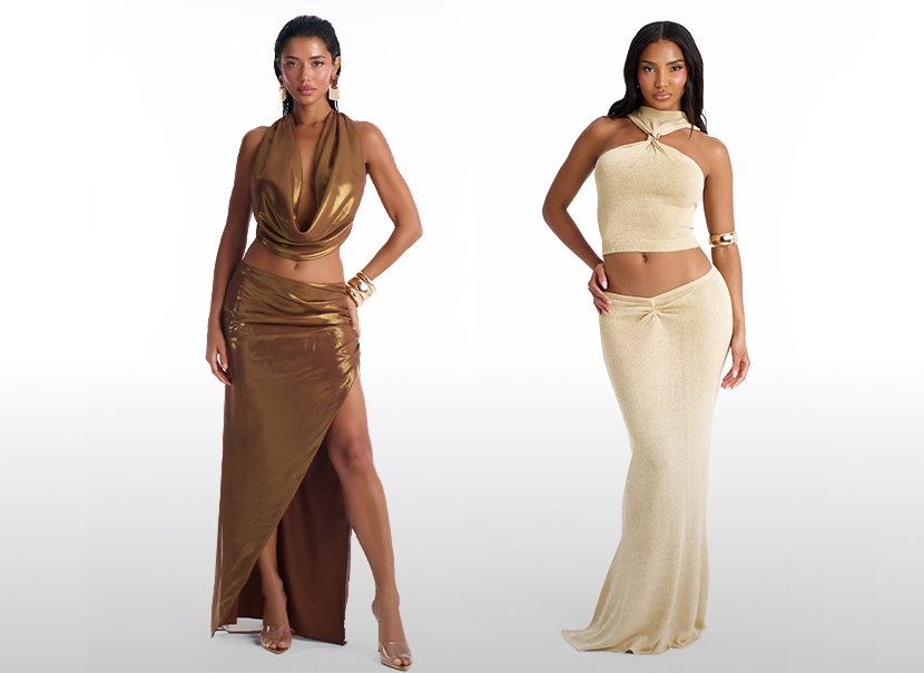 Dos modelos en conjuntos brillantes. Izquierda: top halter bronce y falda maxi abierta. Derecha: top halter anudado champagne y falda maxi. Elegante nueva colección.