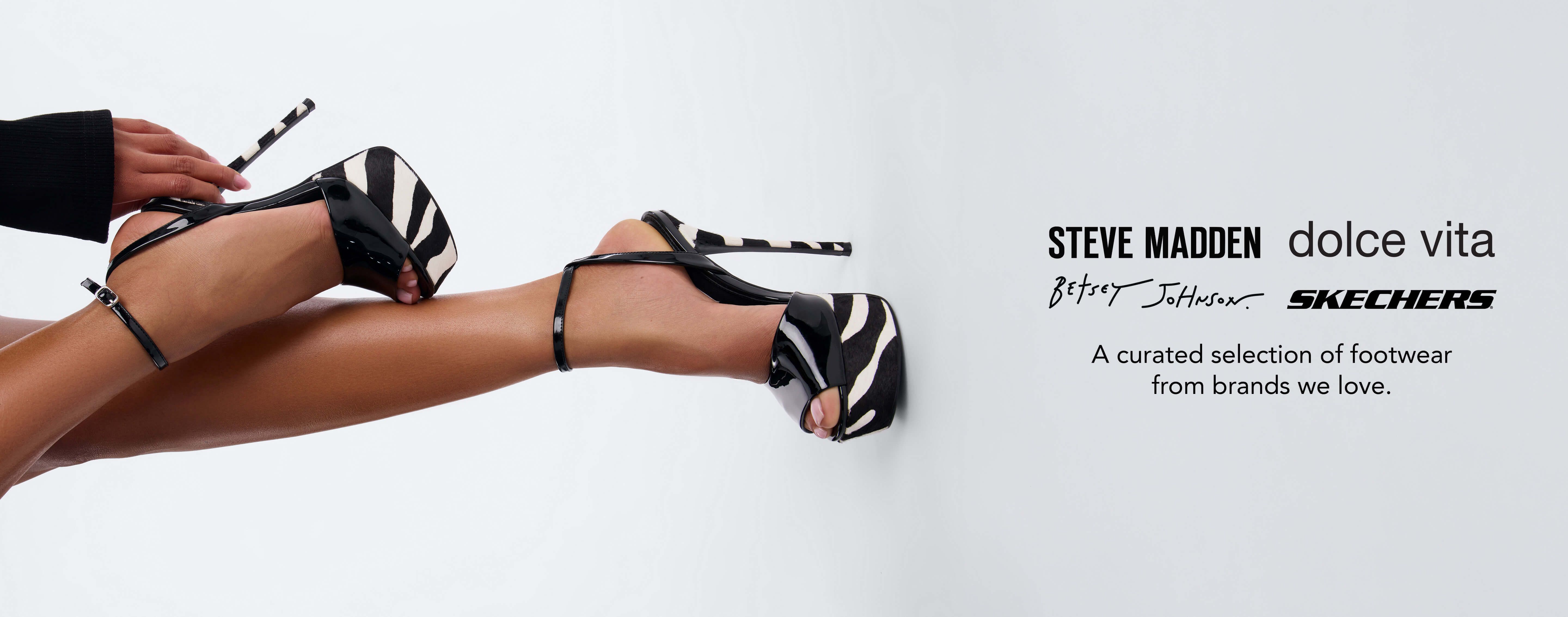 Zebra print platform heels with ankle straps. Logos for Steve Madden, Betsey Johnson, Skechers, Dolce Vita.