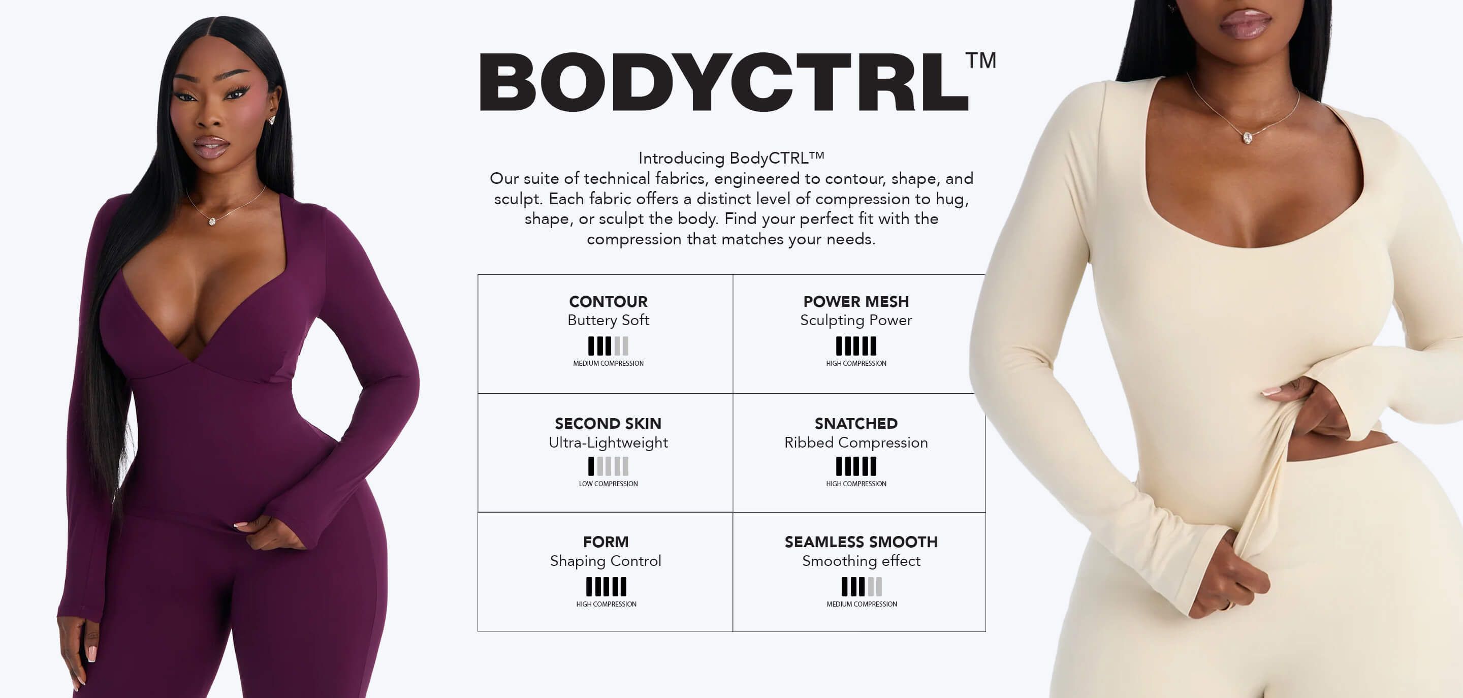 Models pose in plum and cream long-sleeve shapewear bodysuits beside a BodyCTRL compression fabric guide introducing new sculpted fits.