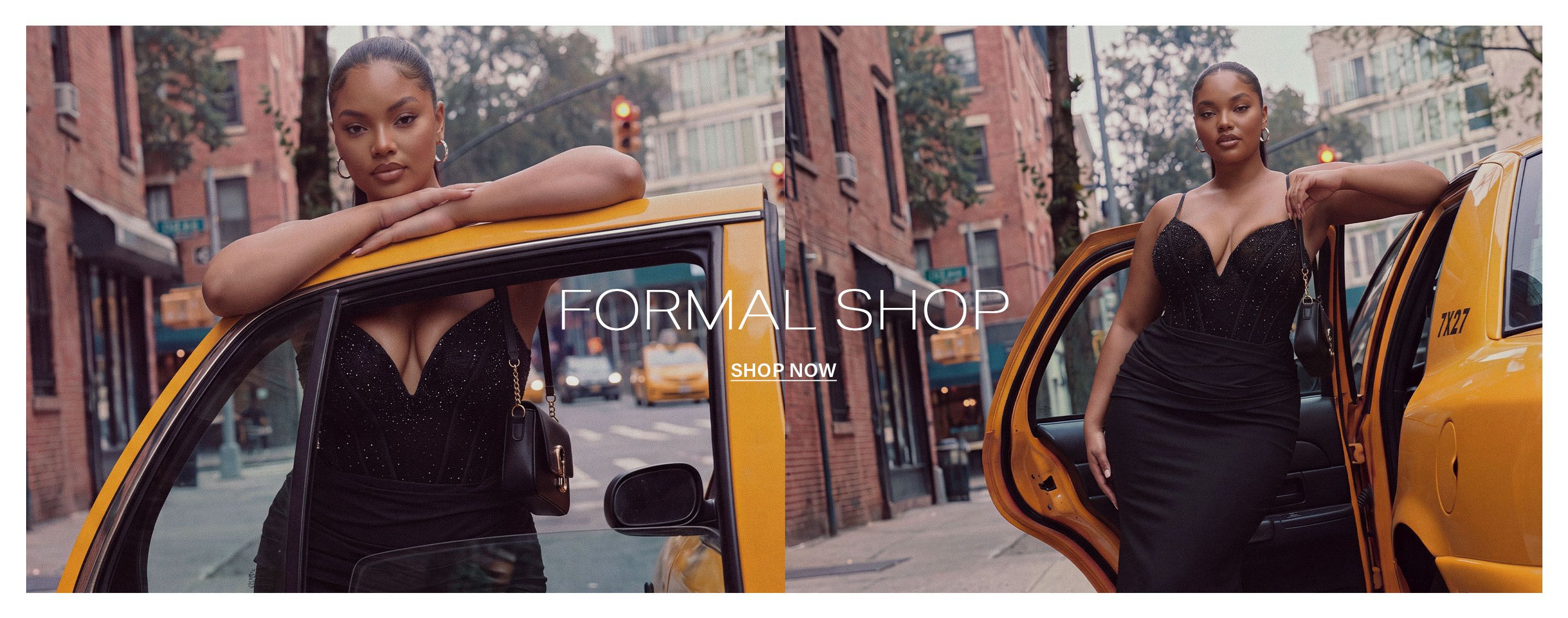 Woman in a sparkling black formal gown posing beside an open yellow taxi on a city street. Shop new elegant evening dresses.