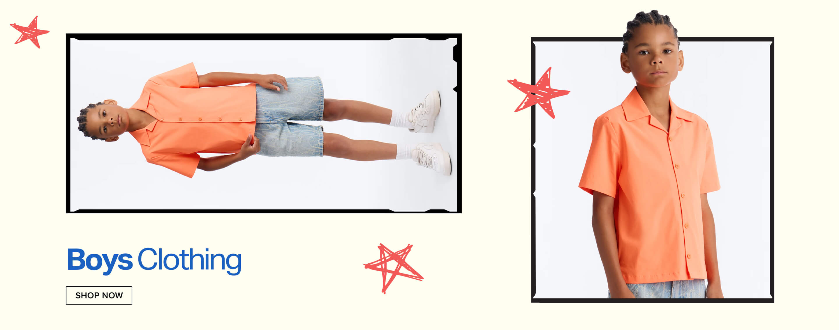 Young boy in a vibrant coral short-sleeve shirt and light denim shorts. Discover our new Boys Clothing collection for kids' casual fashion.
