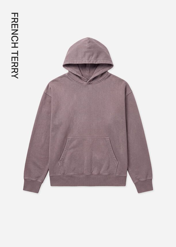 French Terry hoodie in dusty mauve, featuring a front pocket and relaxed fit, showcasing comfortable lounge apparel on a plain background.