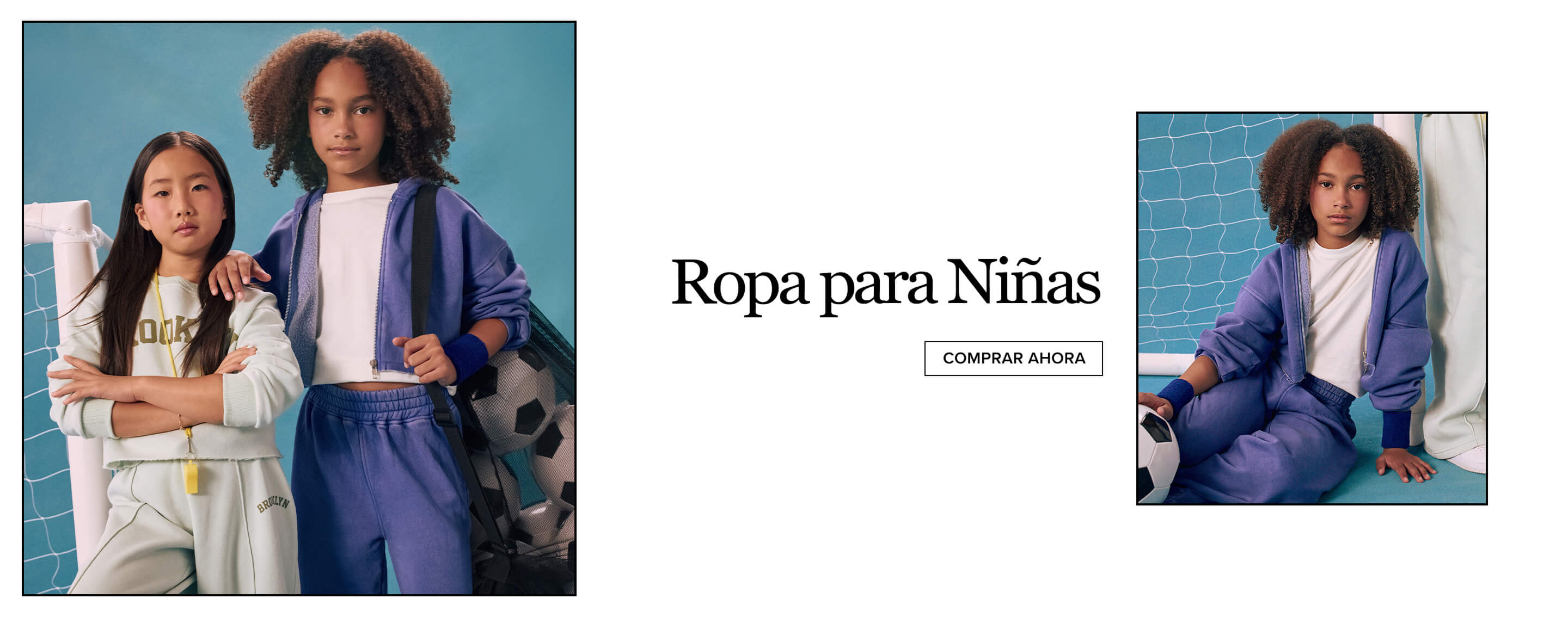 Dos niñas modelan ropa de niña. Una con chándal verde menta; la otra, sudadera y pantalón morados. Compra moda infantil.