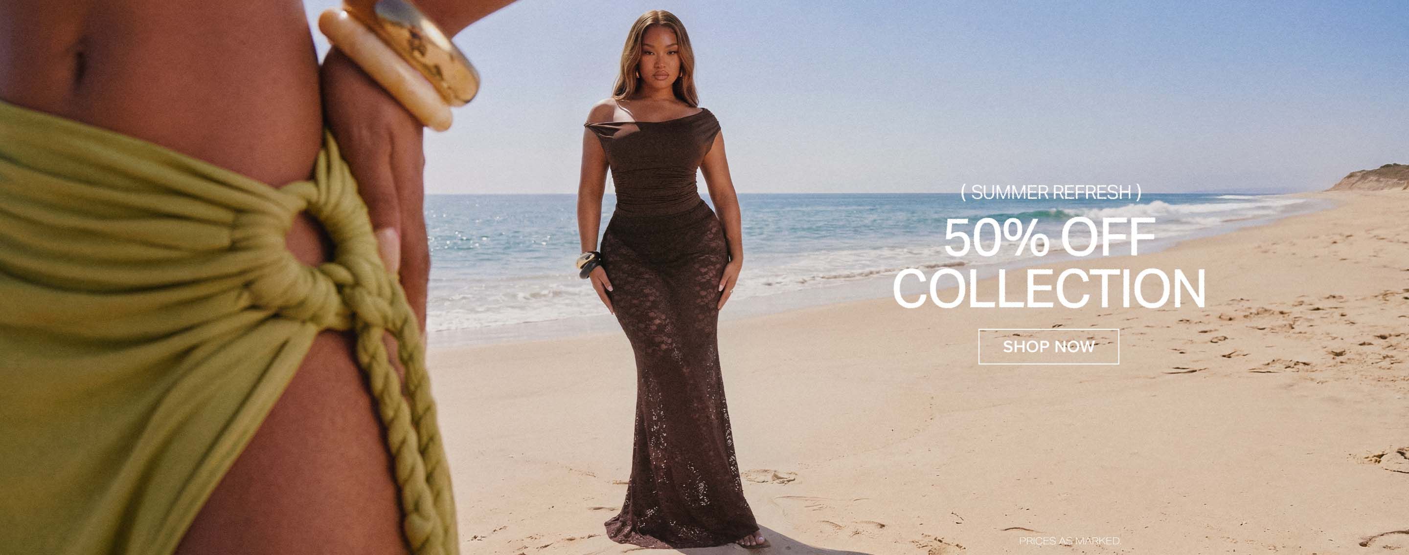 Woman in a brown lace off-shoulder maxi dress on a sunny beach, promoting a 50% off summer refresh collection. Shop now for beachwear.