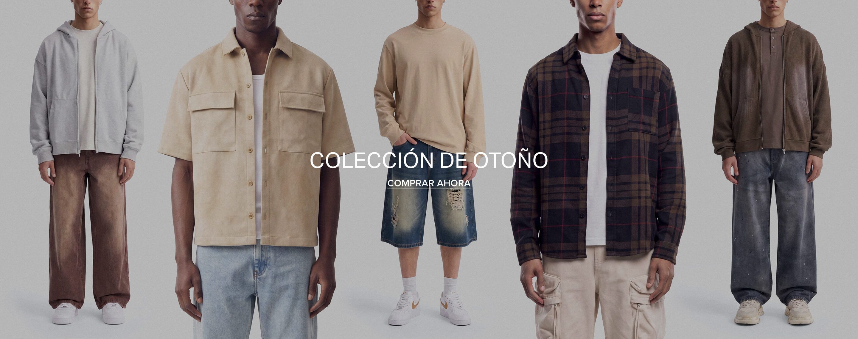 Adelanto de moda otoñal para hombre con camisa de franela a cuadros, pantalones cargo, camisa beige y jeans. Compra la nueva colección.