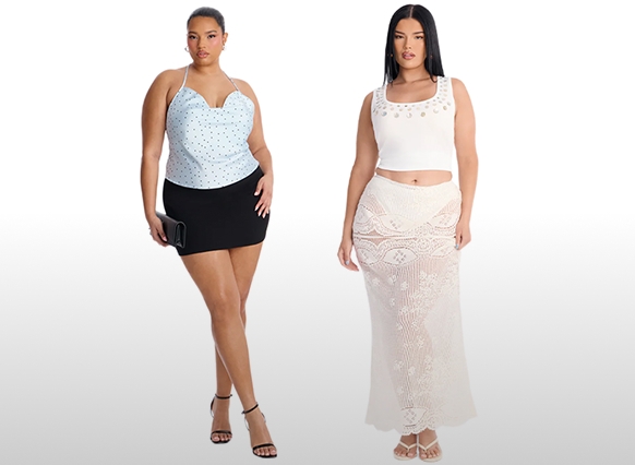 Modelos talla grande con moda de verano. Izquierda: top halter azul, minifalda negra. Derecha: crop top blanco adornado, falda maxi encaje blanco. Compra moda.