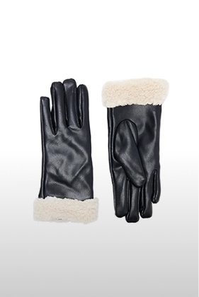Black leather winter gloves with cozy cream fleece trimmed cuffs, displaying palm and back views for a luxury winter accessory showcase.