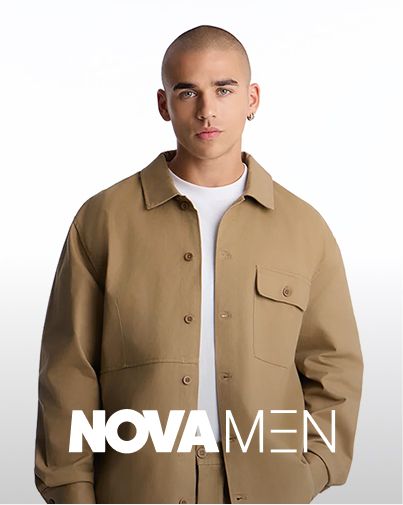Man wearing a tan button-up overshirt jacket over a white t-shirt, showcasing the trendy casual clothing collection from Nova Men.