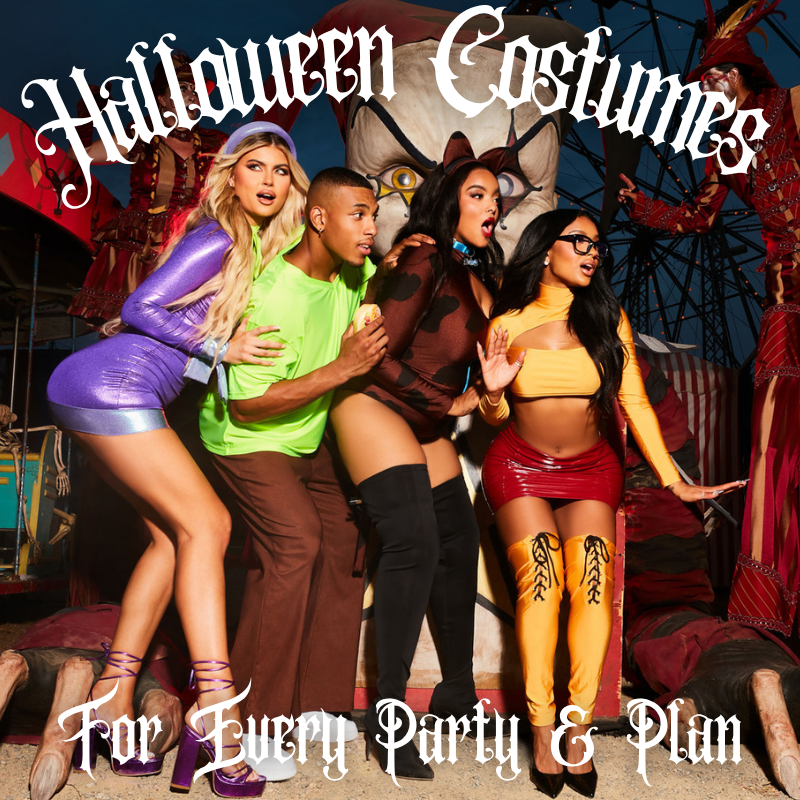 Group wearing trendy Halloween costume ideas at a carnival with text reading ‘Halloween Costumes For Every Party & Plan.’