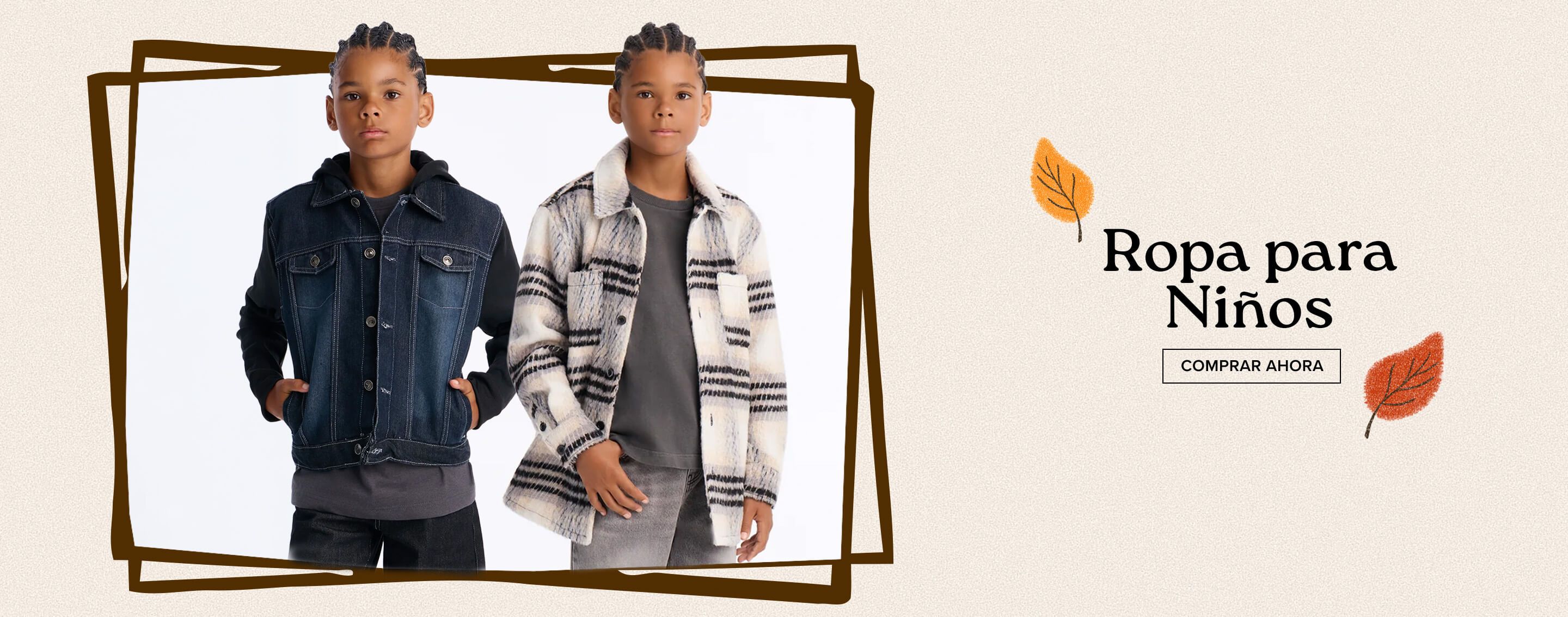 Niño con chaqueta de cuadros y jeans grises modelando ropa de otoño para niños, con un botón de comprar ahora para la nueva colección.