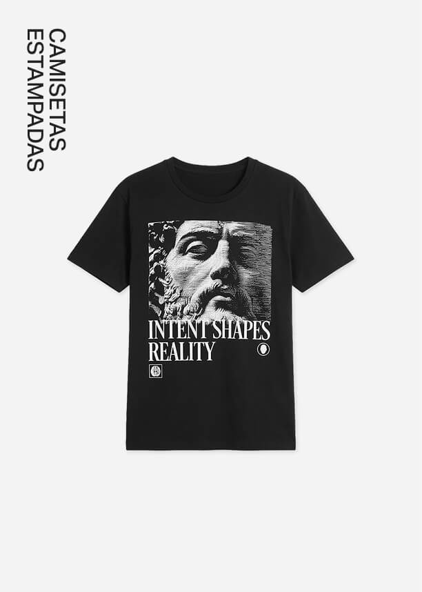 Camiseta gráfica negra con estampado blanco de estatua clásica y el texto 'Intent Shapes Reality', de la nueva colección de camisetas gráficas.
