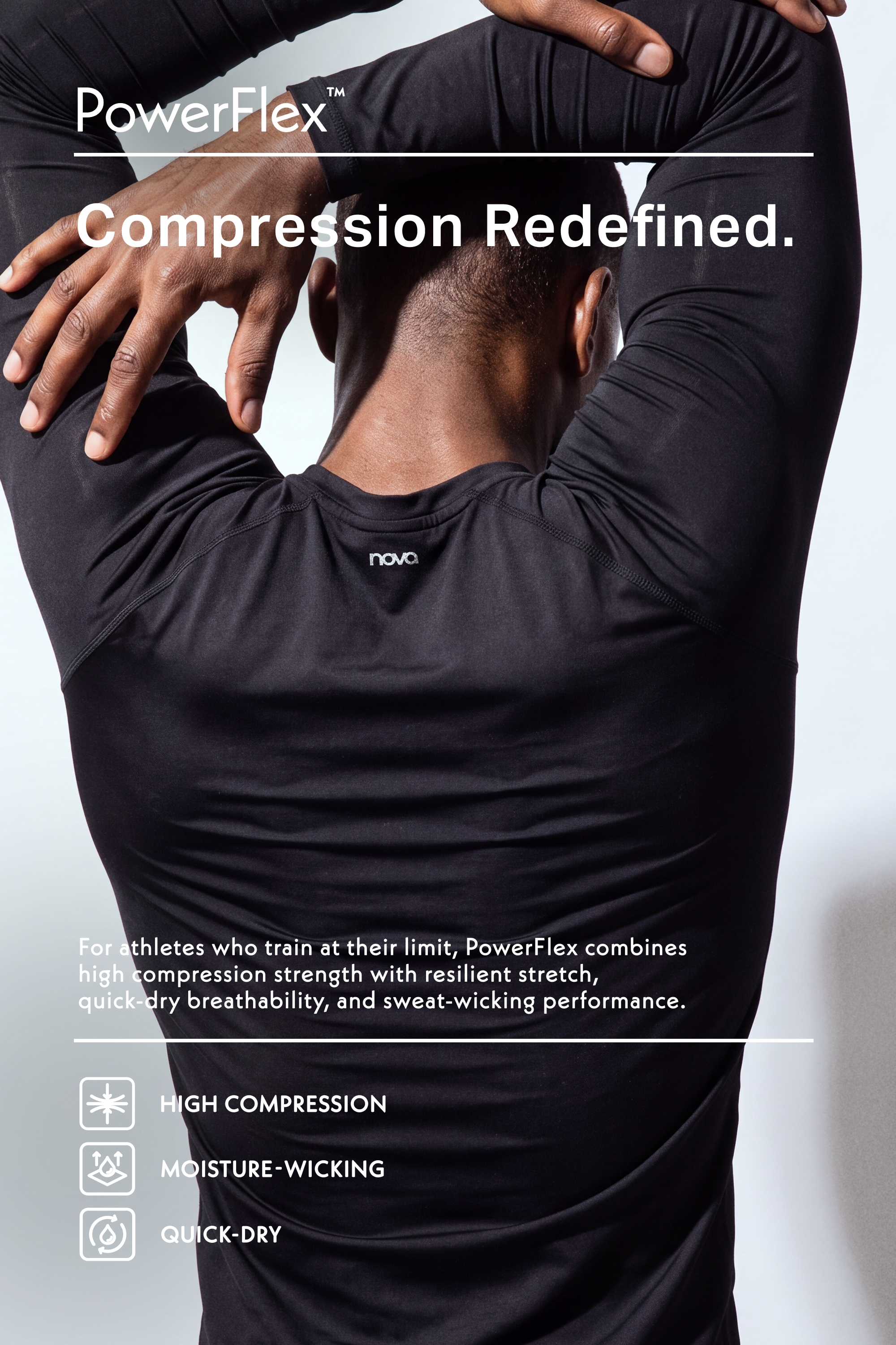 Athlete stretching in a black PowerFlex long-sleeve compression shirt, highlighting its high performance, moisture-wicking, and quick-dry benefits.