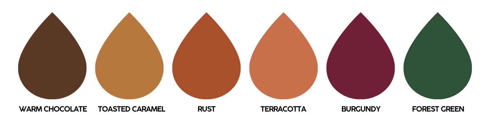 Six teardrop color swatches in earthy shades of brown, tan, terracotta, burgundy, and green on a black background.