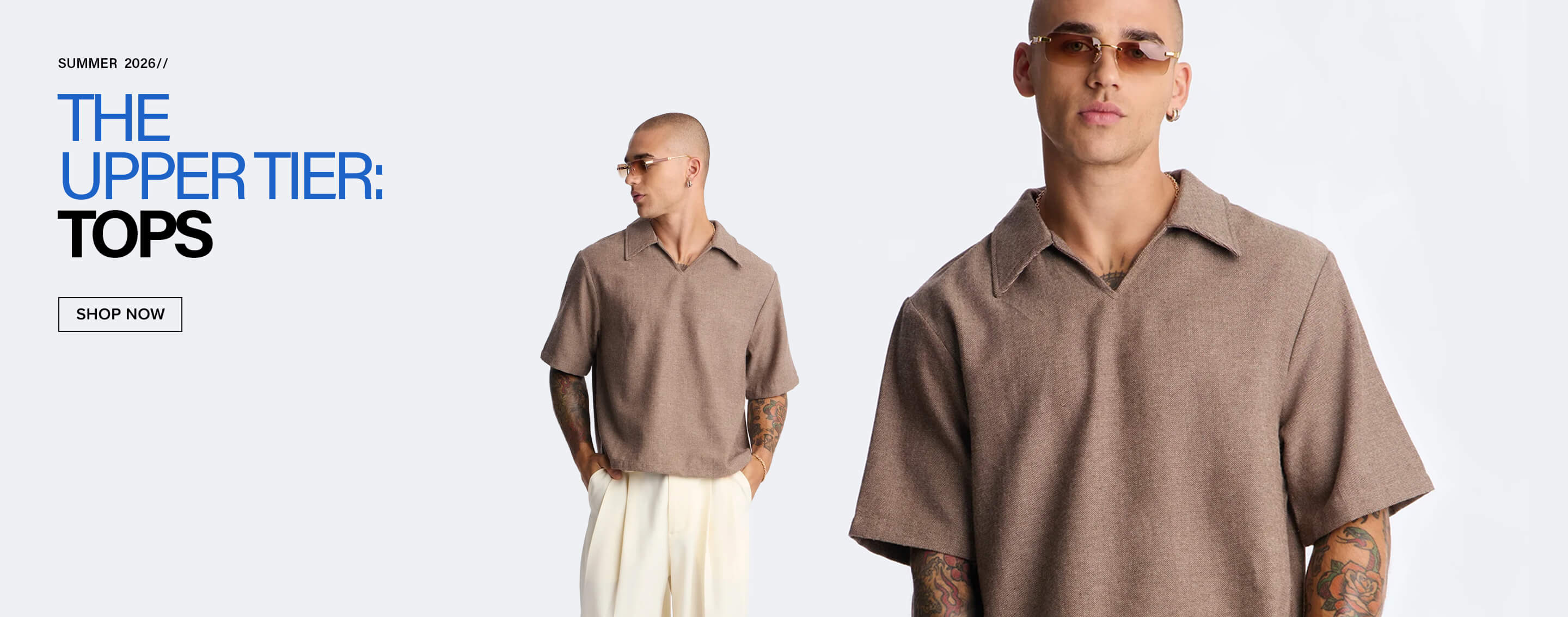 Stylish man in a brown polo shirt and cream pants, modeling new Summer 2026 men's tops. Shop casual fashion now.