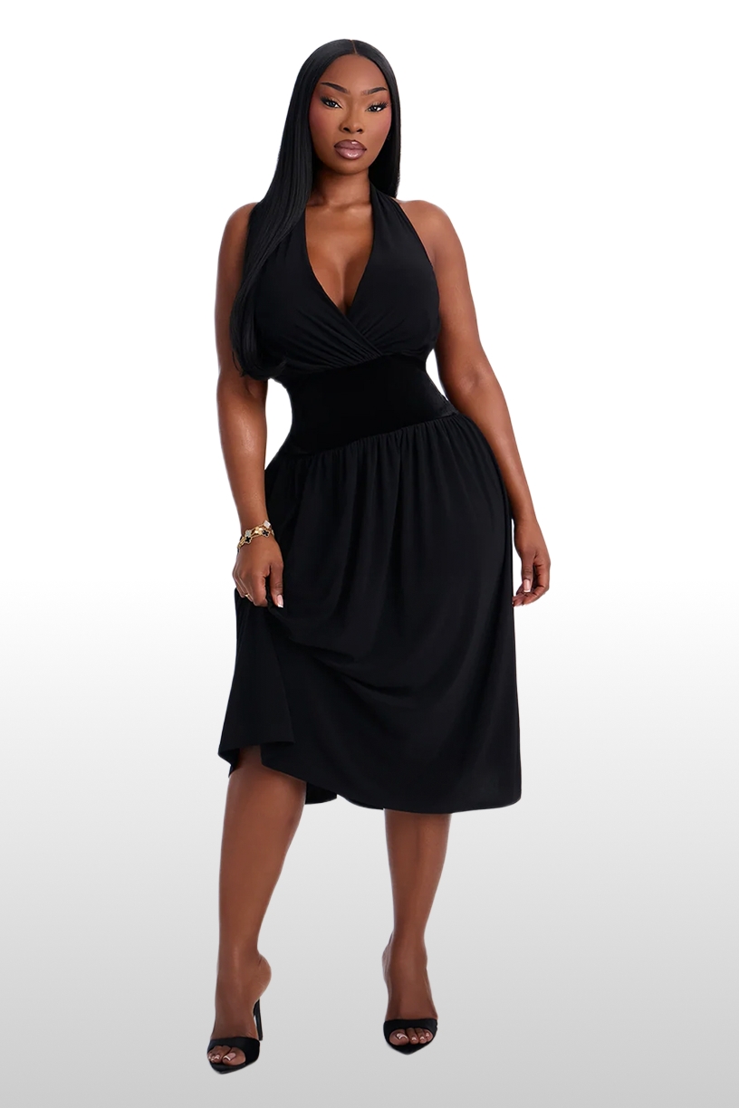 Elegant black halter midi dress featuring a cinched waist, perfect for cocktail parties and formal events from the new eveningwear collection.
