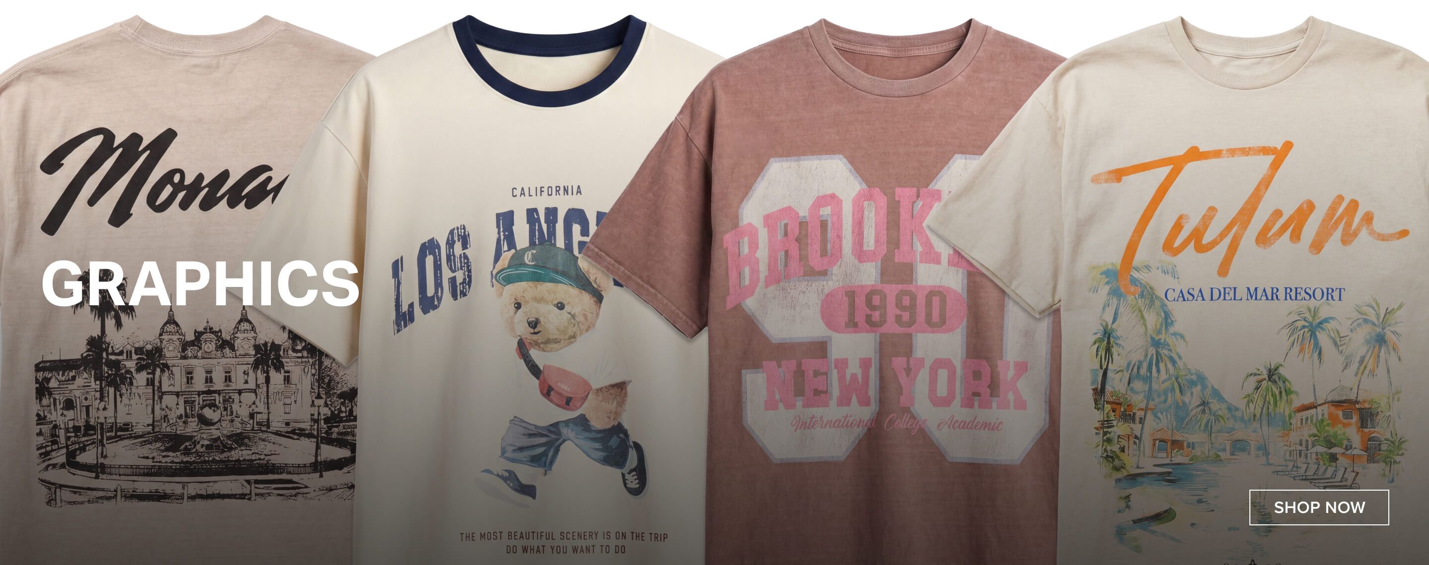Cream "Los Angeles" teddy bear graphic tee and a dusty rose "Brooklyn New York" graphic t-shirt. Shop new arrivals!