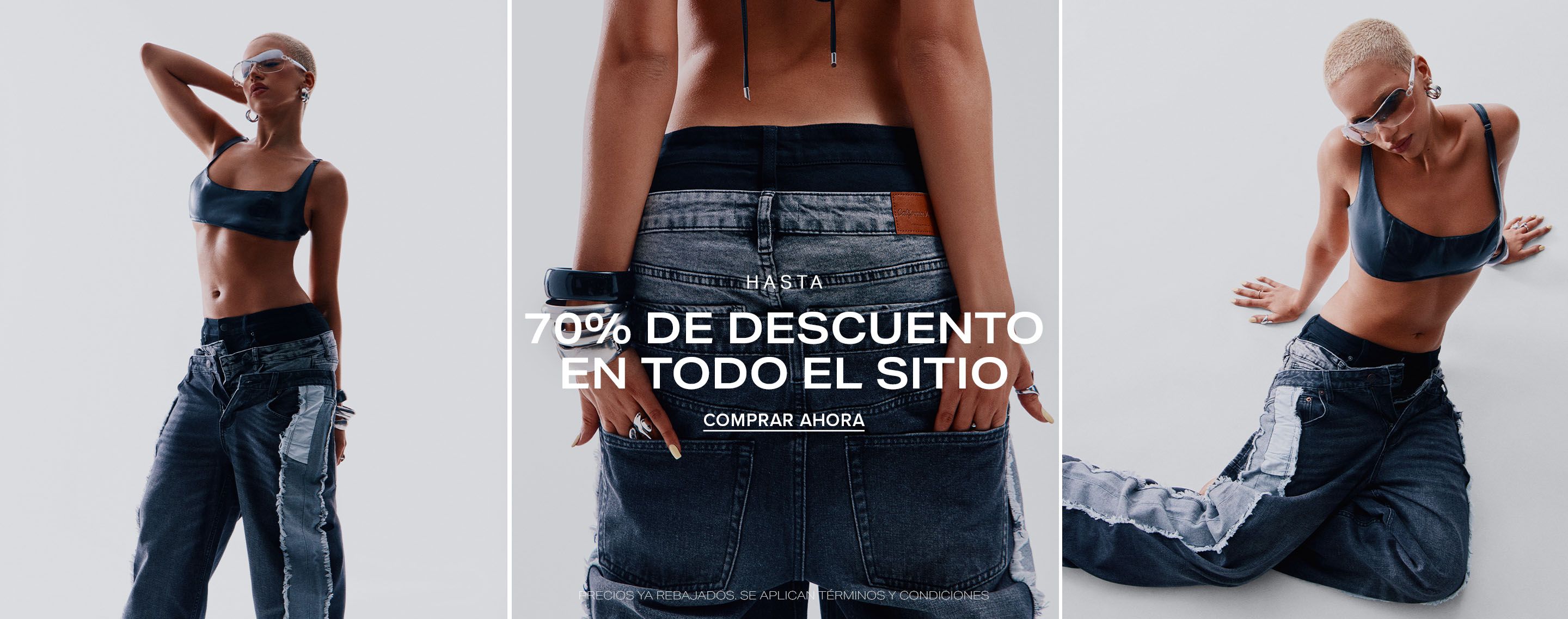 Modelo con top corto azul y vaqueros anchos desgastados promocionando una oferta de 70% de descuento en nueva ropa urbana de moda.