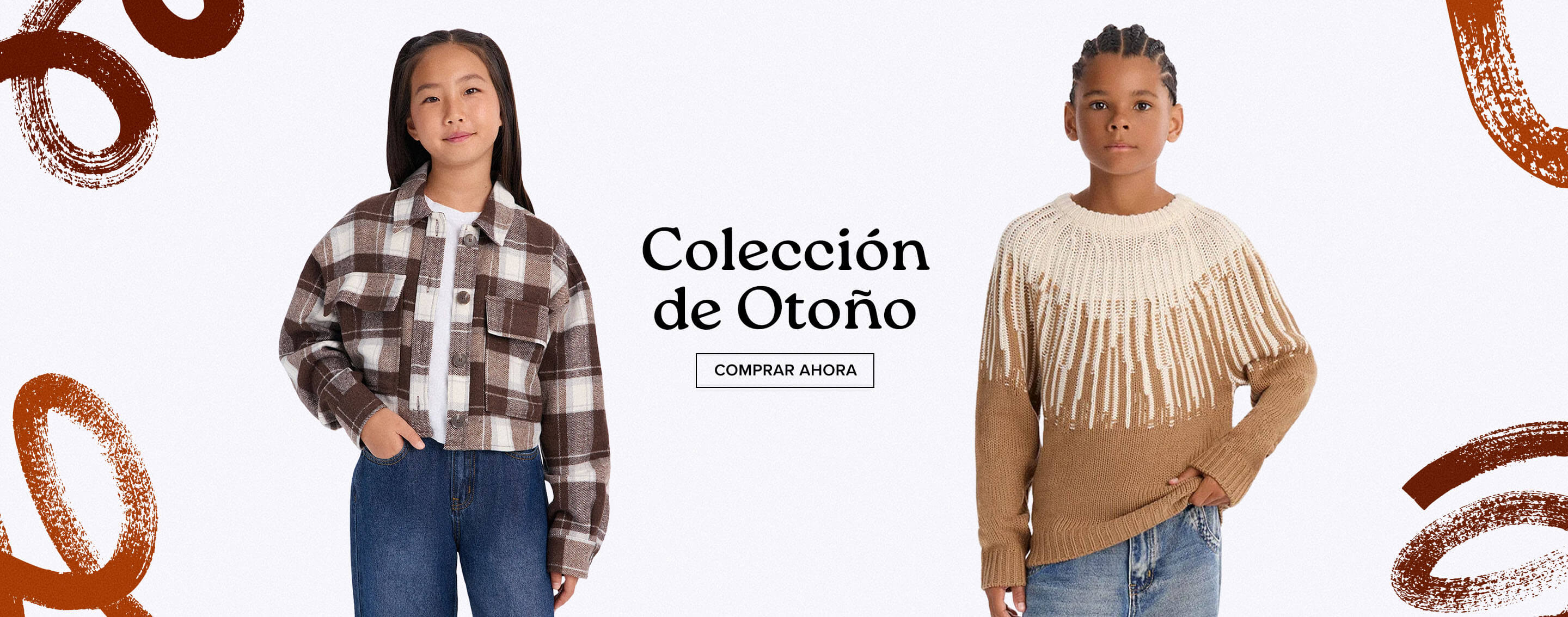Niña con chaqueta a cuadros marrón y jeans, promocionando la nueva Colección de Otoño infantil con el botón de "Comprar Ahora".