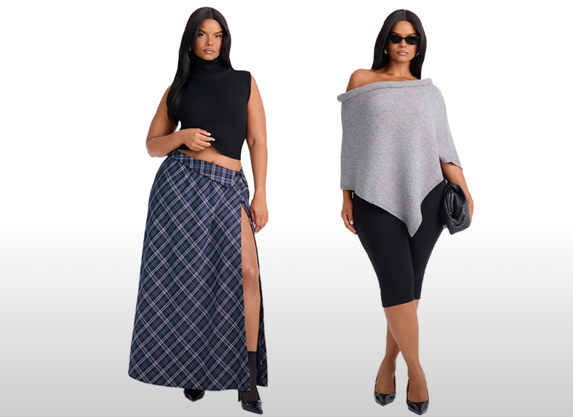 Modelos de talla grande lucen moda de otoño: falda larga a cuadros con top negro, y poncho gris con hombros caídos y mallas negras.