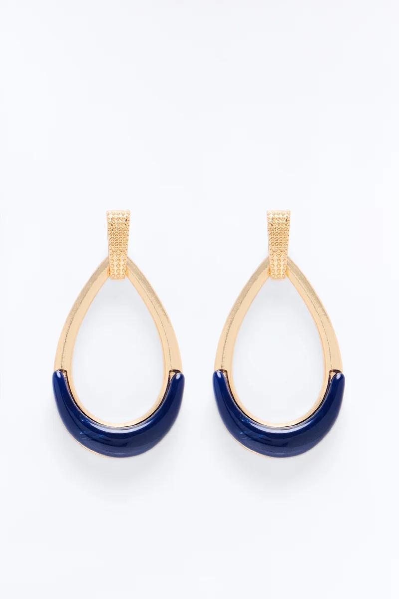 Elegant gold teardrop drop earrings with navy blue enamel accents.