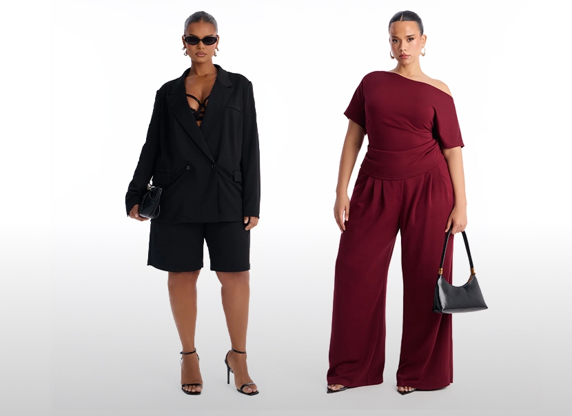 Two models showcase plus size wide leg jeans. One wears a black one-shoulder top; the other, a white halter. Modern women's fashion.