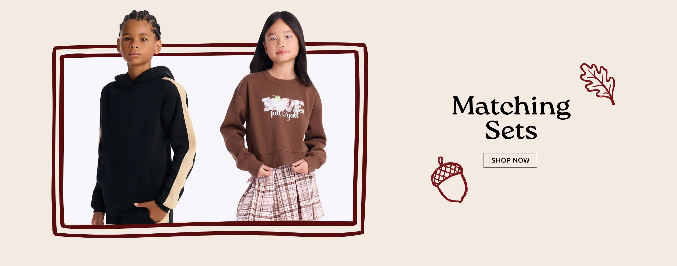 Shop cozy autumn matching sets for kids; featuring a boy in a black hoodie and a girl in a brown sweatshirt with a plaid skirt.