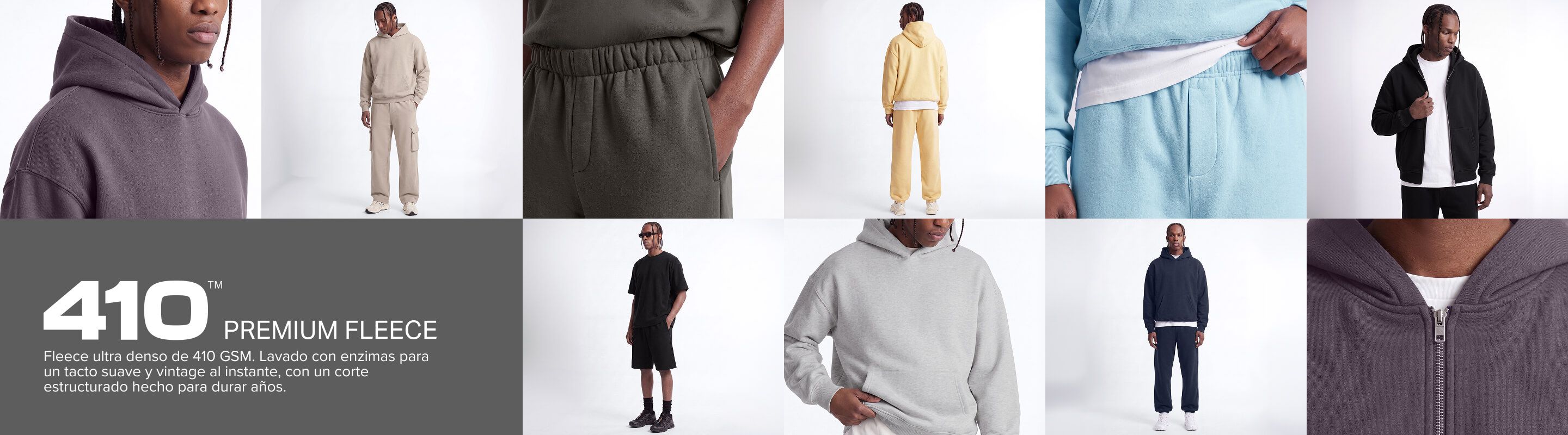 Colección de ropa deportiva 410 Premium Fleece con sudaderas con capucha y pantalones de chándal en tonos neutros y pastel de estilo urbano.