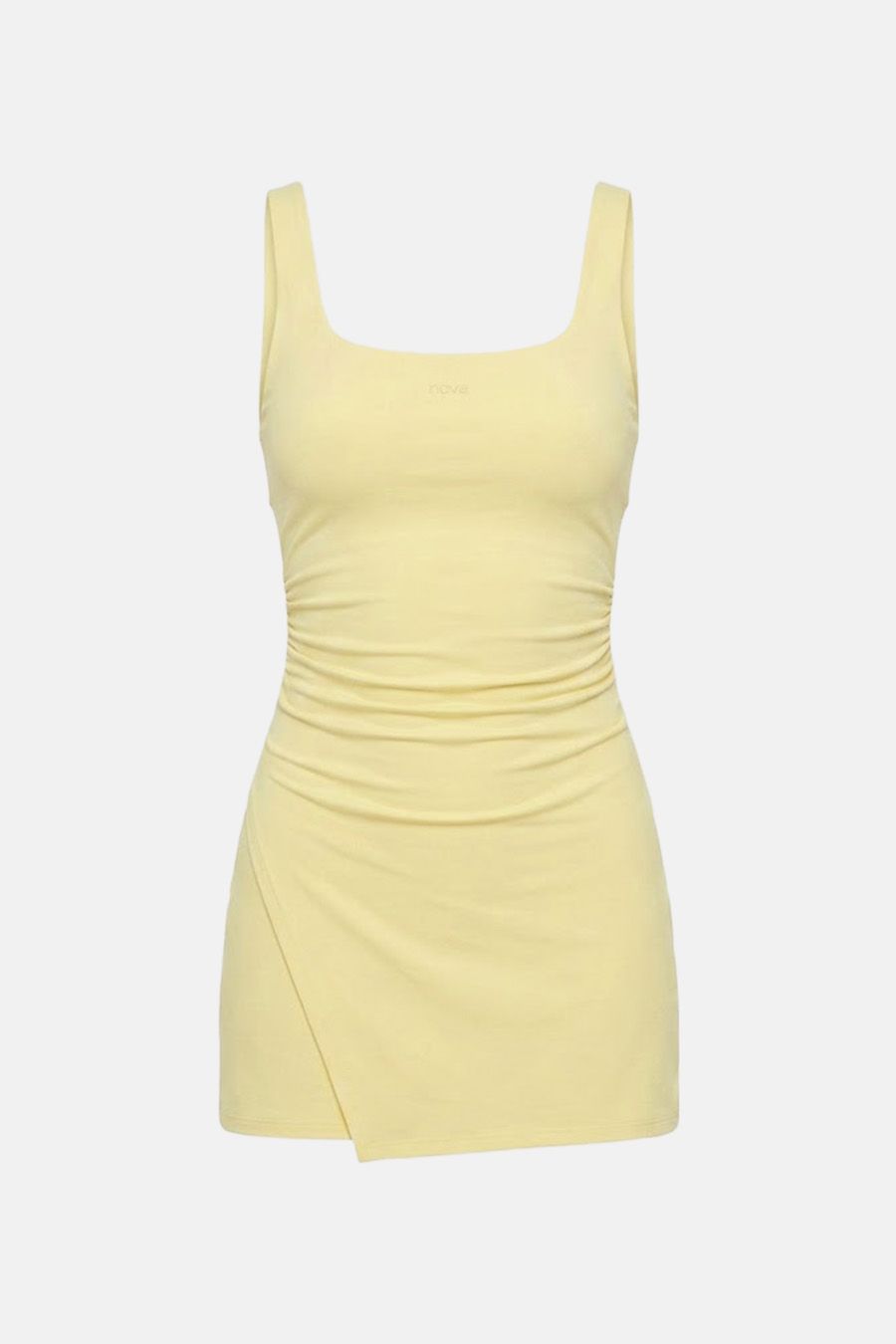 Vestido mini amarillo pálido hove con cuello cuadrado, fruncido lateral y falda cruzada, ideal para moda de verano cómoda.