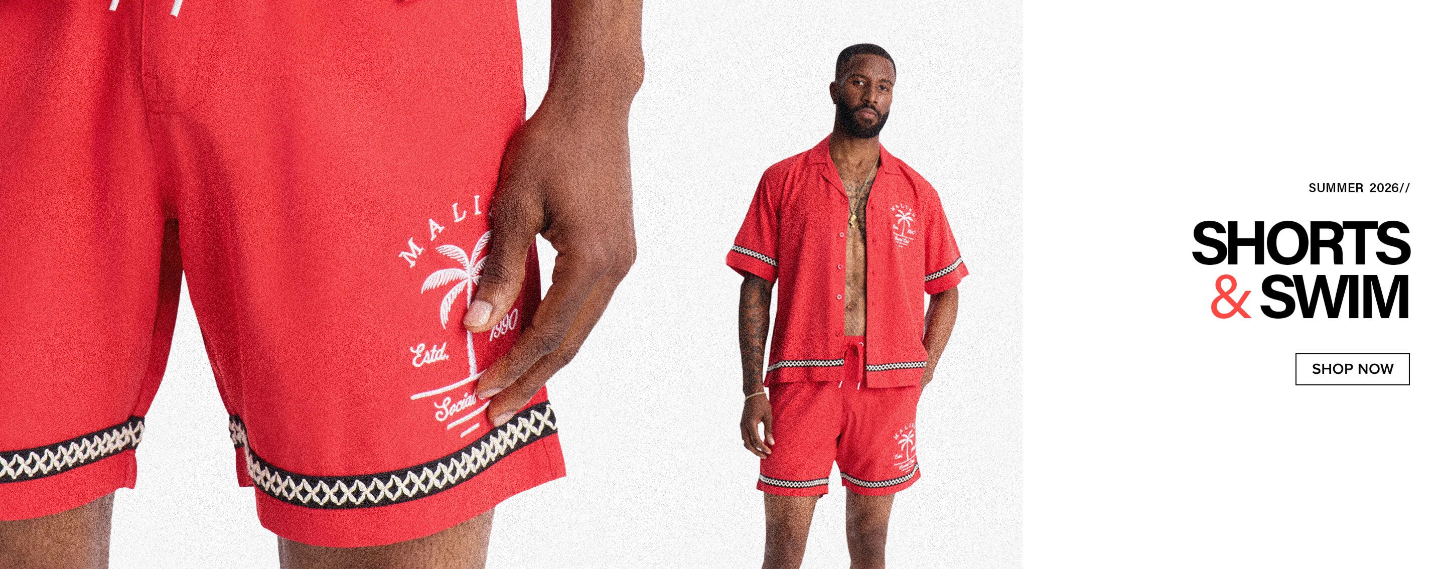 Men's red Malibu Social Club shorts and matching resort shirt set featuring palm tree logo & geometric trim. Ideal for summer beach & swim.