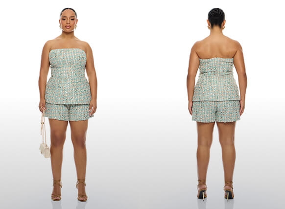 Model in a chic mint green tweed strapless peplum top and matching shorts set, front & back, highlighting a new spring collection.