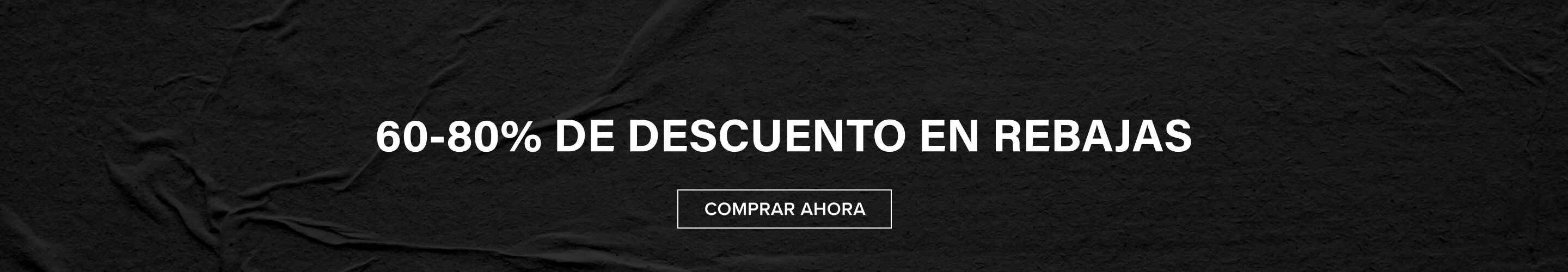 Fondo negro texturizado con texto blanco "60-80% OFF SALE" y botón "SHOP NOW". Grandes ahorros en ofertas de descuento.