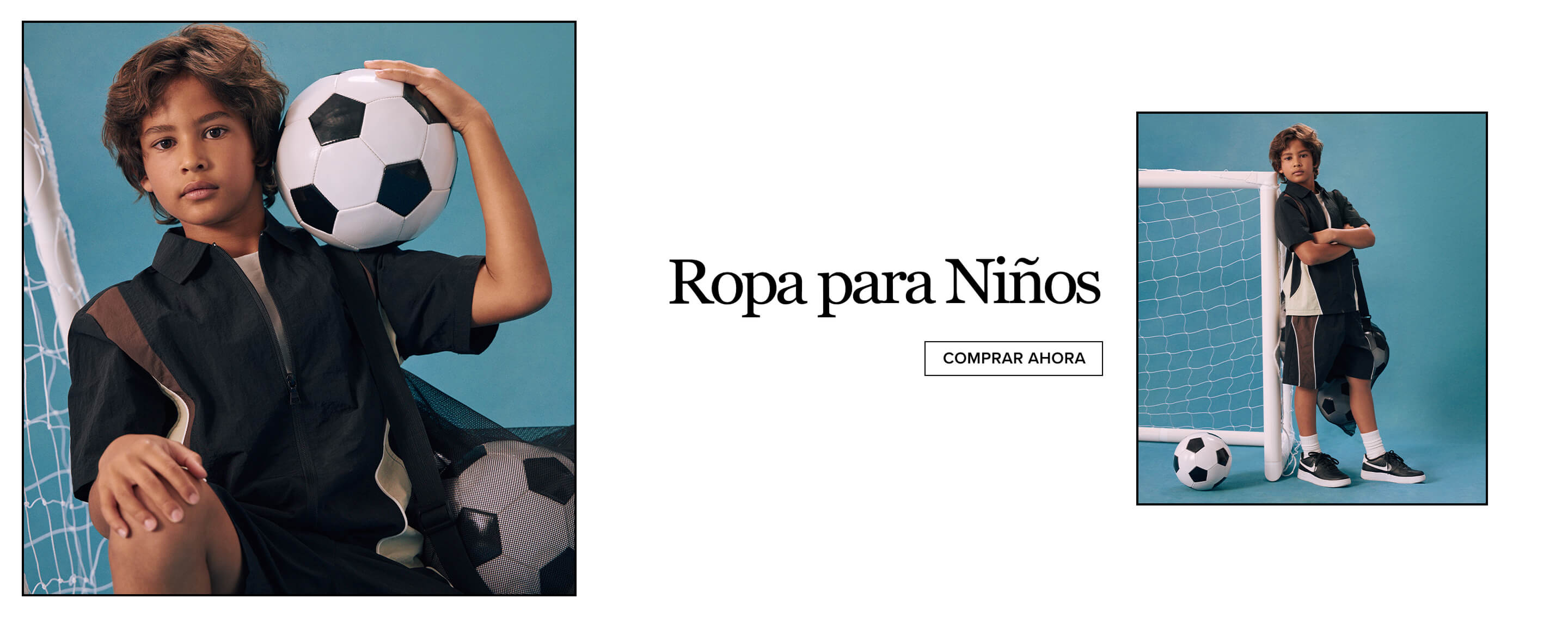 Joven modelando camisa y shorts negros y beige, brazos cruzados junto a portería de fútbol. Promueve nuestra colección de ropa deportiva para niños.
