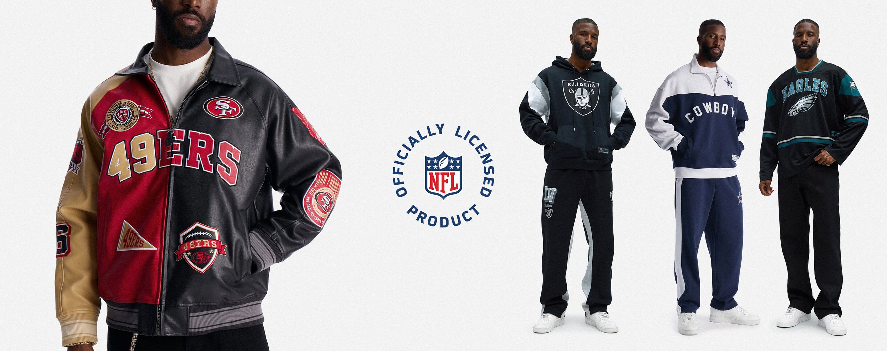 Models wearing officially licensed NFL streetwear: Raiders hoodie, Cowboys pullover, and Eagles jersey set against a clean white backdrop.