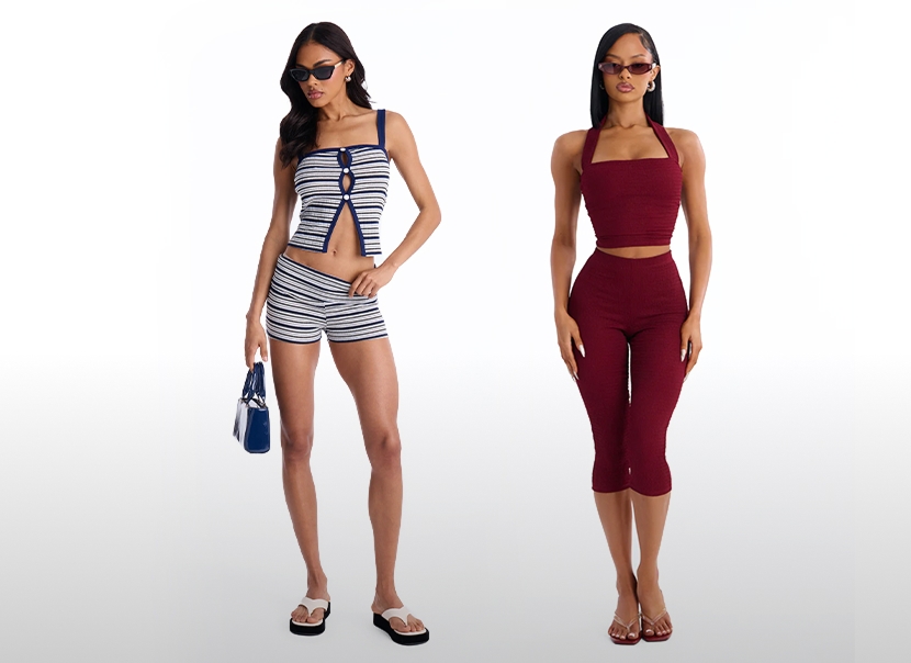 Modelos exhiben moda veraniega. Izquierda: conjunto crop a rayas azul/blanco. Derecha: top halter rojo y capris. ¡Explora estilos casuales!