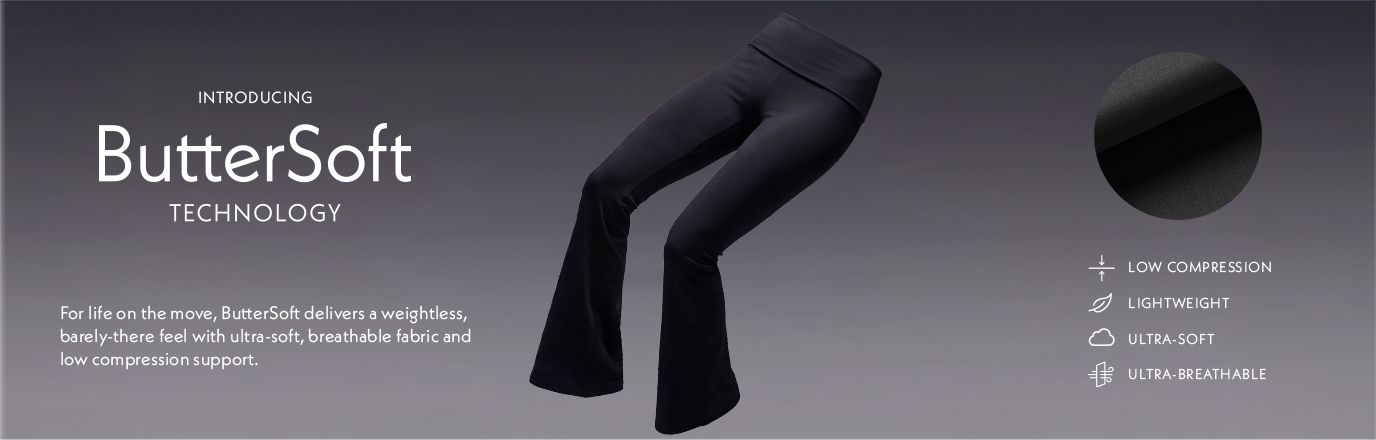 Black flare leggings highlighting ButterSoft Technology. Experience ultra-soft, breathable, low-compression activewear for ultimate comfort.